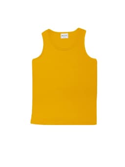 A yellow micromesh singlet with a round neckline, featuring a logo on the label.