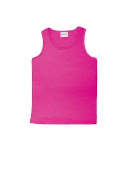 A pink micromesh singlet featuring a tank style. The product includes a label and has a simple design.