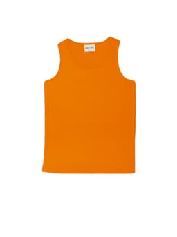 An orange singlet made from micromesh fabric, featuring a round neckline and sleeveless design.