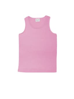 A pink micromesh singlet for kids, featuring a simple, sleeveless design and a label at the neckline.