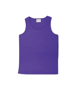 A purple kids' micromesh singlet with a simple design and a tag inside. Features a brand logo on the label.