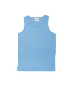 A light blue micromesh singlet for kids featuring a logo at the neckline.