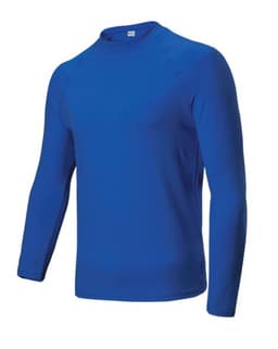 A mens rashie in vibrant blue with long sleeves and a round neckline. Features a logo on the label.
