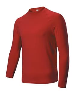A red long-sleeved rashie featuring a crew neck and a fitted design. Includes a logo on the front.