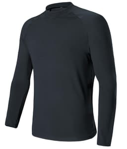 A long-sleeved black rashie with a high neck, featuring a fitted design and smooth fabric. It has a logo.