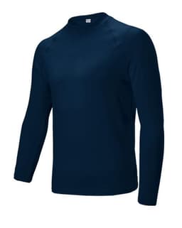 A navy long-sleeved rashie with a round neckline, featuring a branding logo on the garment.