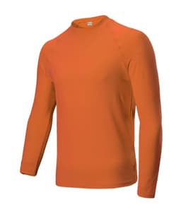 An orange long-sleeve rashie with a round neck and no visible branding.