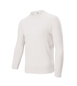 A long-sleeved white rashie with a round neckline and a smooth texture. It features a small logo on the front.