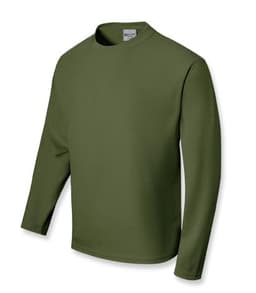 A long sleeve tee shirt in olive green with a crew neckline and a logo on the label.