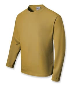 A long sleeve tee shirt in mustard yellow, featuring a crew neck and a simple design. It has a logo on the label.