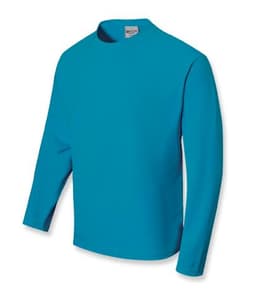 A long sleeve tee shirt in bright turquoise, featuring a round neckline and a logo on the label.