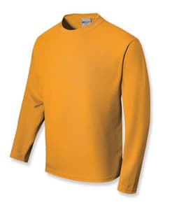 A long sleeve tee shirt in vibrant yellow, featuring a crew neckline and a logo on the label.