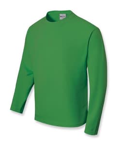 A long sleeve tee shirt in bright green colour with a simple design and a logo on the label.