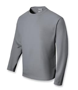 A long sleeve tee shirt in grey, featuring a round neckline and a logo on the label.