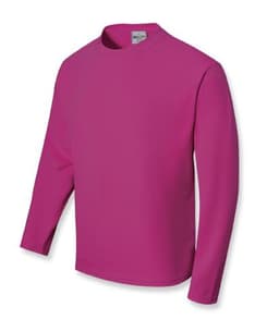 A long sleeve tee shirt in bright pink, featuring a round neck and a logo on the tag.
