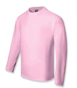 A pink long sleeve tee shirt designed for kids, with a round neckline and a logo on the label.