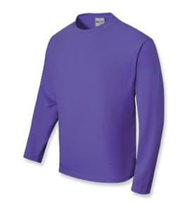A purple long sleeve tee shirt for kids, featuring a round neckline and long sleeves. It has a logo on the label.