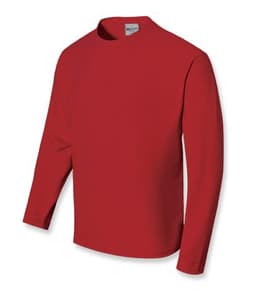 A red long sleeve tee shirt with a round neck and a logo. Ideal for sun protection for kids.