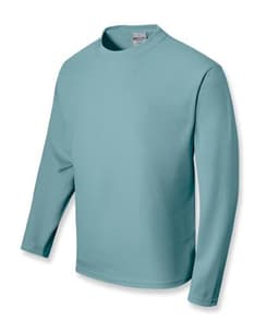 A light blue long sleeve tee shirt with a simple design and a crew neckline. It has a logo on the label.