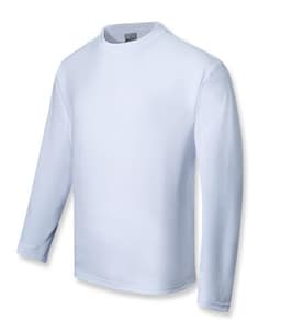 A long-sleeve tee shirt in light blue, featuring a crew neck and a logo on the label.