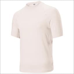 A short sleeve rashie in a light beige colour, featuring a simple design and a logo on the front.