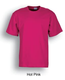 A plain cotton T-shirt in hot pink, featuring a basic design and a logo on the label.