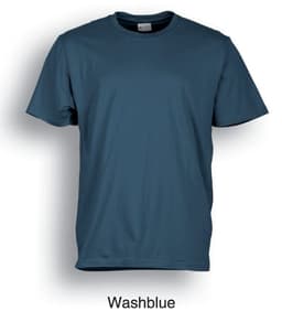A plain cotton T-shirt in wash blue, featuring short sleeves and a round neckline, with a branding label.