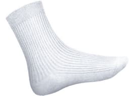 A white kids' school sock featuring a ribbed design and a standard ankle length with a logo.