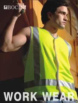 A bright yellow unisex hi-vis vest featuring reflective tape, worn by a model with a logo present.