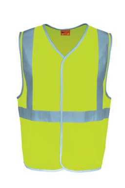 A bright yellow unisex safety vest with reflective blue crossing tape, featuring a logo on the front.