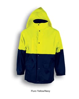 A Hi-Vis polar fleece lined jacket in fluro yellow and navy, featuring a hood and pockets. It has a logo.