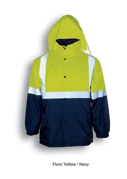 A unisex hi-vis jacket in fluro yellow and navy, featuring reflective tape and a hood. Includes pockets and branding.