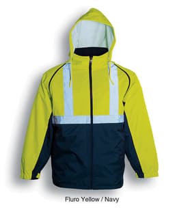 A Hi-Vis 3 in 1 jacket featuring fluro yellow and navy, with reflective tape and a hood. Includes a logo.