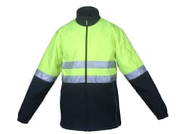 A high-visibility soft shell jacket in bright yellow and navy blue with reflective tape and a logo.