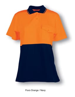 A fluro orange and navy short-sleeved safety polo shirt with a pocket and a logo.