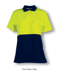 A hi-vis short-sleeve polo shirt in fluro yellow and navy, featuring a chest pocket and a logo.
