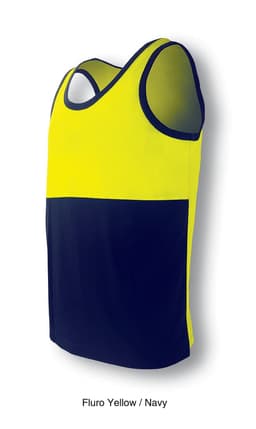 A Hi-Vis singlet in fluro yellow and navy, featuring a logo, designed for unisex adults.