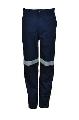 Unisex adult cotton drill work pants in navy blue with reflective tape accents. Features a logo on the waistband.