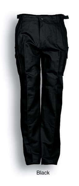 Black cotton drill cargo work pants featuring multiple pockets and a waistband adjuster. Includes a logo on the garment.