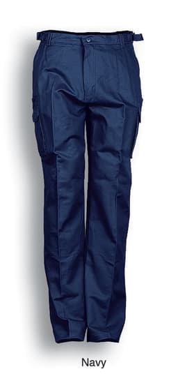 Navy unisex cotton drill cargo work pants with pockets and a logo, designed for durability and comfort.