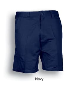 Navy unisex cotton drill work shorts with a button closure and side pockets, featuring a logo.