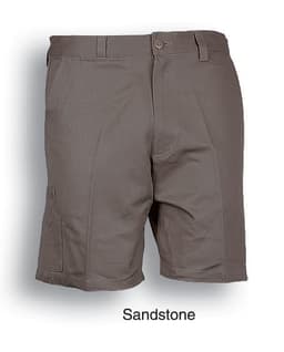 Unisex adults cotton drill work shorts in sandstone colour, featuring a logo and practical side pocket.