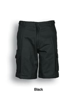 Black unisex adults' cotton drill cargo shorts featuring multiple pockets and a belt loop, with a logo present.