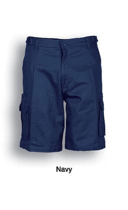 Navy cotton drill cargo shorts with side pockets and a button closure, featuring a logo on the waistband.