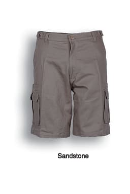 Unisex adults cotton drill cargo shorts in sandstone colour with multiple side pockets and a branding logo.