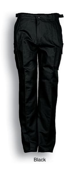 Unisex adults cotton drill cargo pants in black, featuring multiple pockets and a logo. Ideal for workwear.