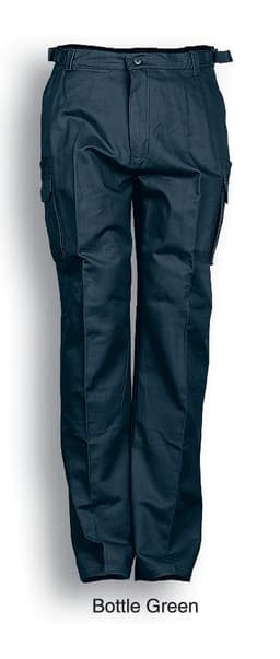 Unisex adults cotton drill cargo pants in bottle green, featuring multiple pockets and a logo.