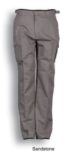 Unisex adult cotton drill cargo pants in sandstone colour, featuring side pockets and a logo.