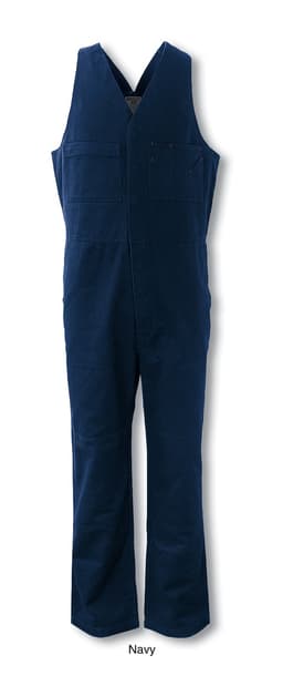 Navy unisex cotton drill action back overalls with adjustable straps and a logo. Suitable for a variety of work environments.