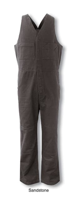 A sandstone-coloured unisex cotton drill overall, featuring a sleeveless design and multiple pockets.
